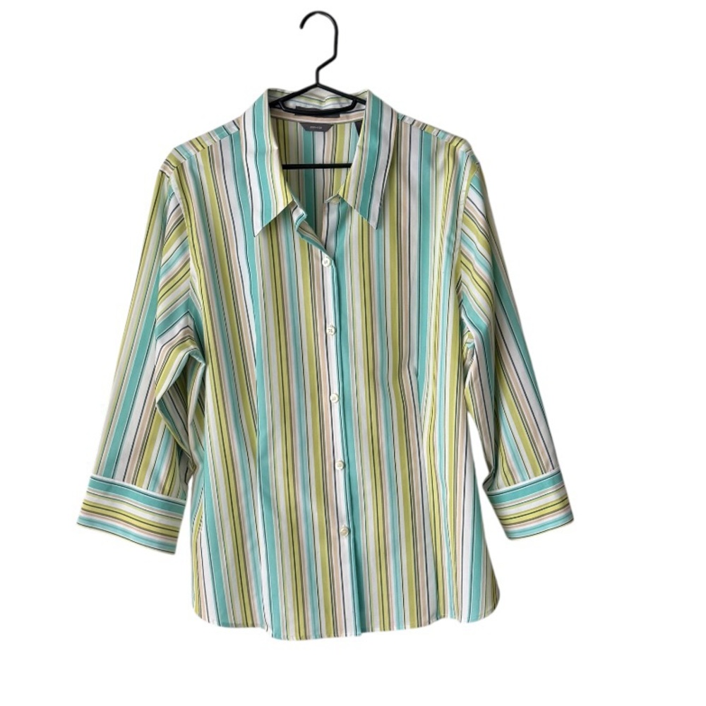 Liz Claiborne Green, White & Turquoise Striped Button Up Shirt 3/4  Sleeve Sz 16